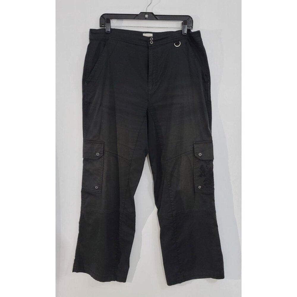 Chico's Wide Leg Cargo Pant Cotton Blend Black Asian Print Pocket Detail Sz 2/ L